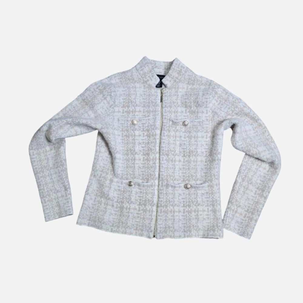 Adrienne Vittadini Womens XS Plaid Zip Up Cardigan Sweater Mock Neck Grey White